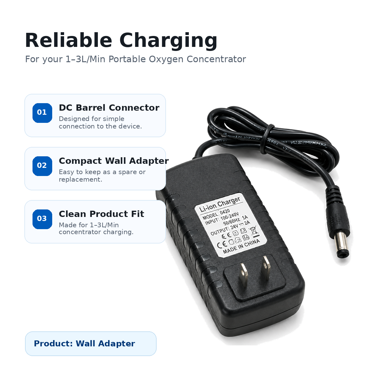 Wall Adapter For 1-3L/Min Portable Oxygen Concentrator | 4.2V Li-ion Charger